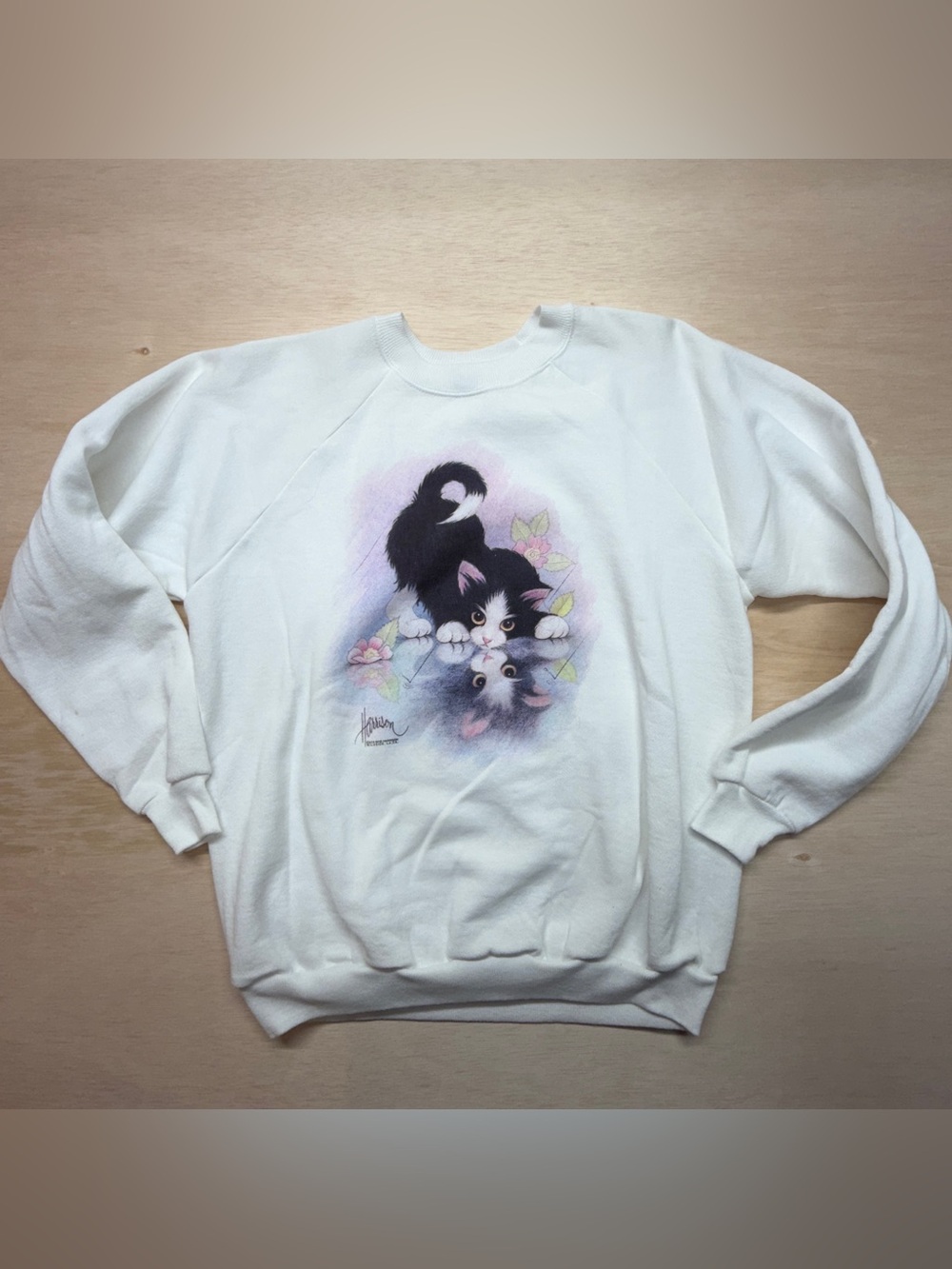 Vtg 92 Bob Harrison Tuxedo Cat Grandma Core Crewneck Sweatshirt Hanes  L USA